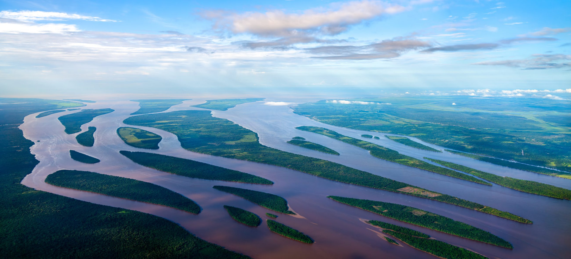 Aerial view of the Essequibo River delta in Guyana